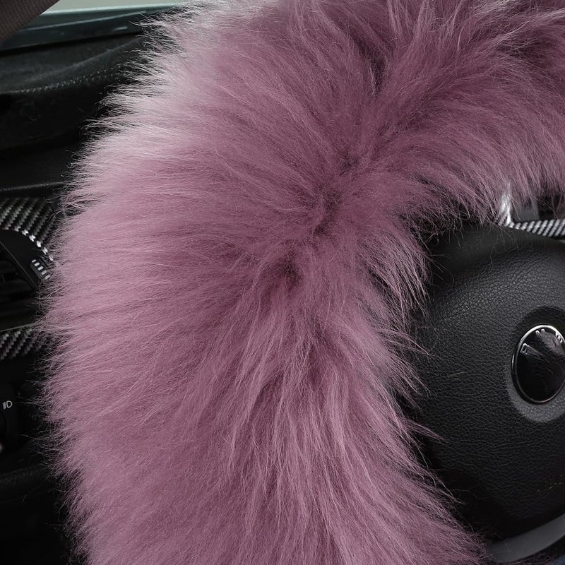 AOGELAN 3Pcs Set Fashion Fluffy Fuzzy Wool Fur Soft Car Steering Wheel Cover with Handbrake Cover & Gear Shift Cover for Women/Girls/Ladies Auto Long Wool Accessories  Pink - Image 2